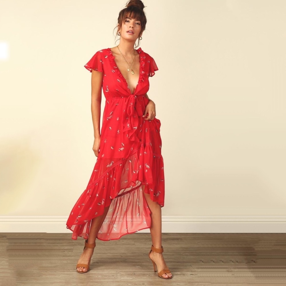 Revolve Line & Dot Red Floral Padera‎ Midi High Low V Neck Tie Dress Size XS